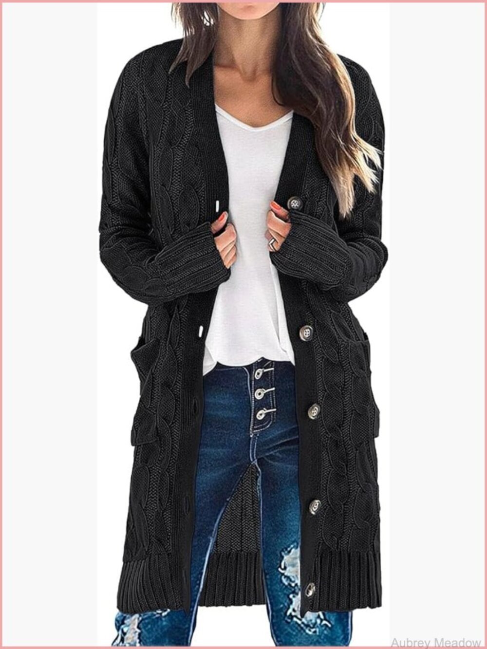 Women's Long Sleeve Cable Knit Cardigan Open Front Button Sweater Coat